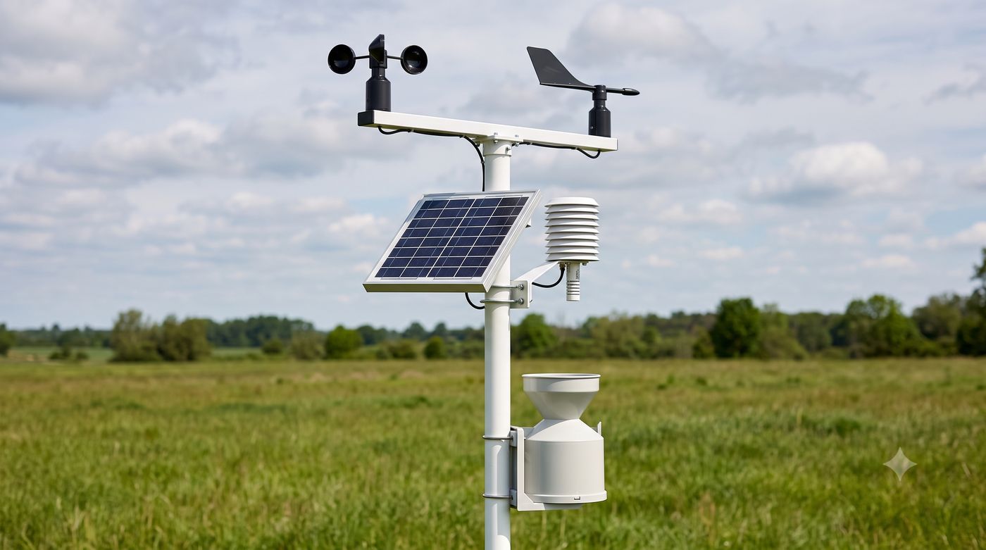 Automatic weather station with solar panel and sensors in a field